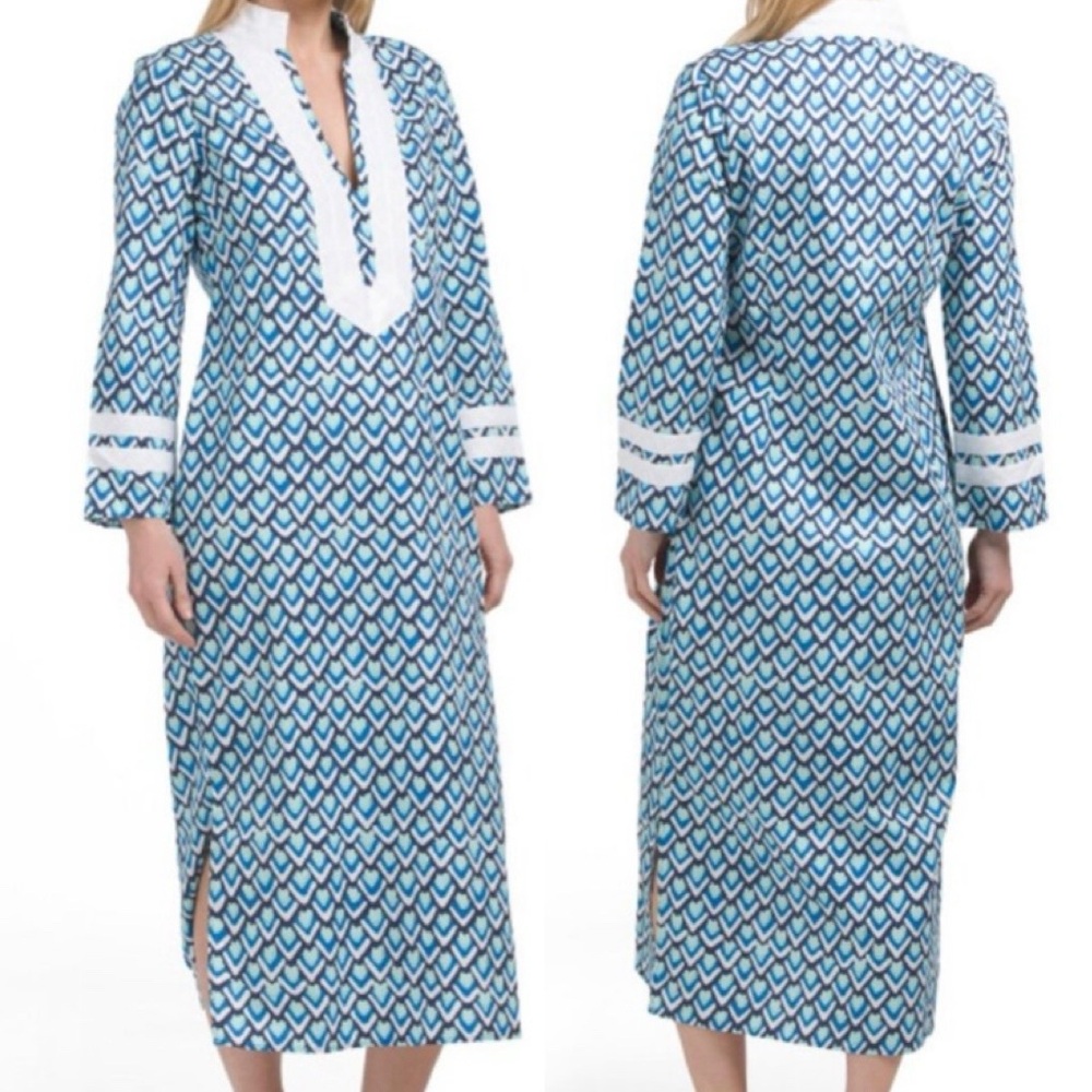 NWT STS Sail To‎ Sable Blue Teardrop Geometric Pattern Long Sleeve Caftan XS
